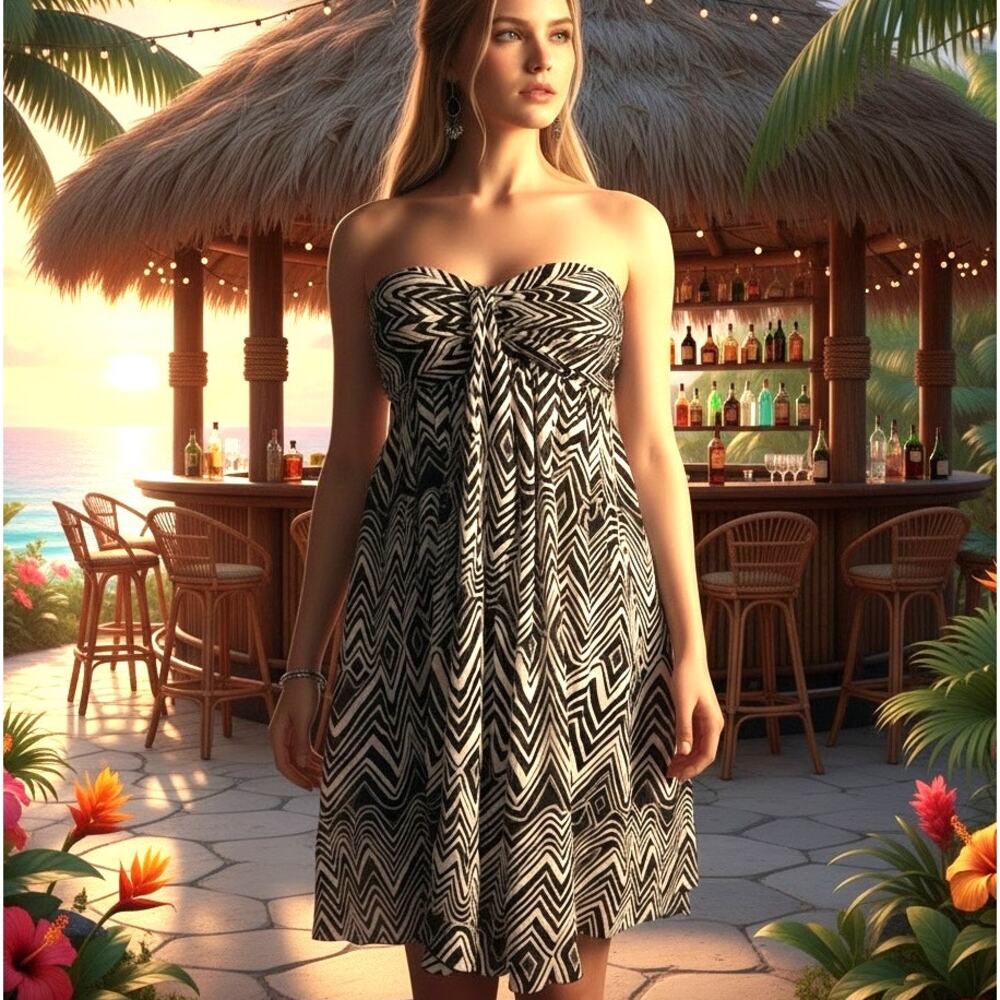 Express NWT Mini Dress Baby Doll Y2K Boho100% Silk Strapless Black/White SZ 0